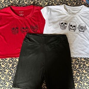 SHEIN Red and White Skull Crop Top Tees with Black Shorts set